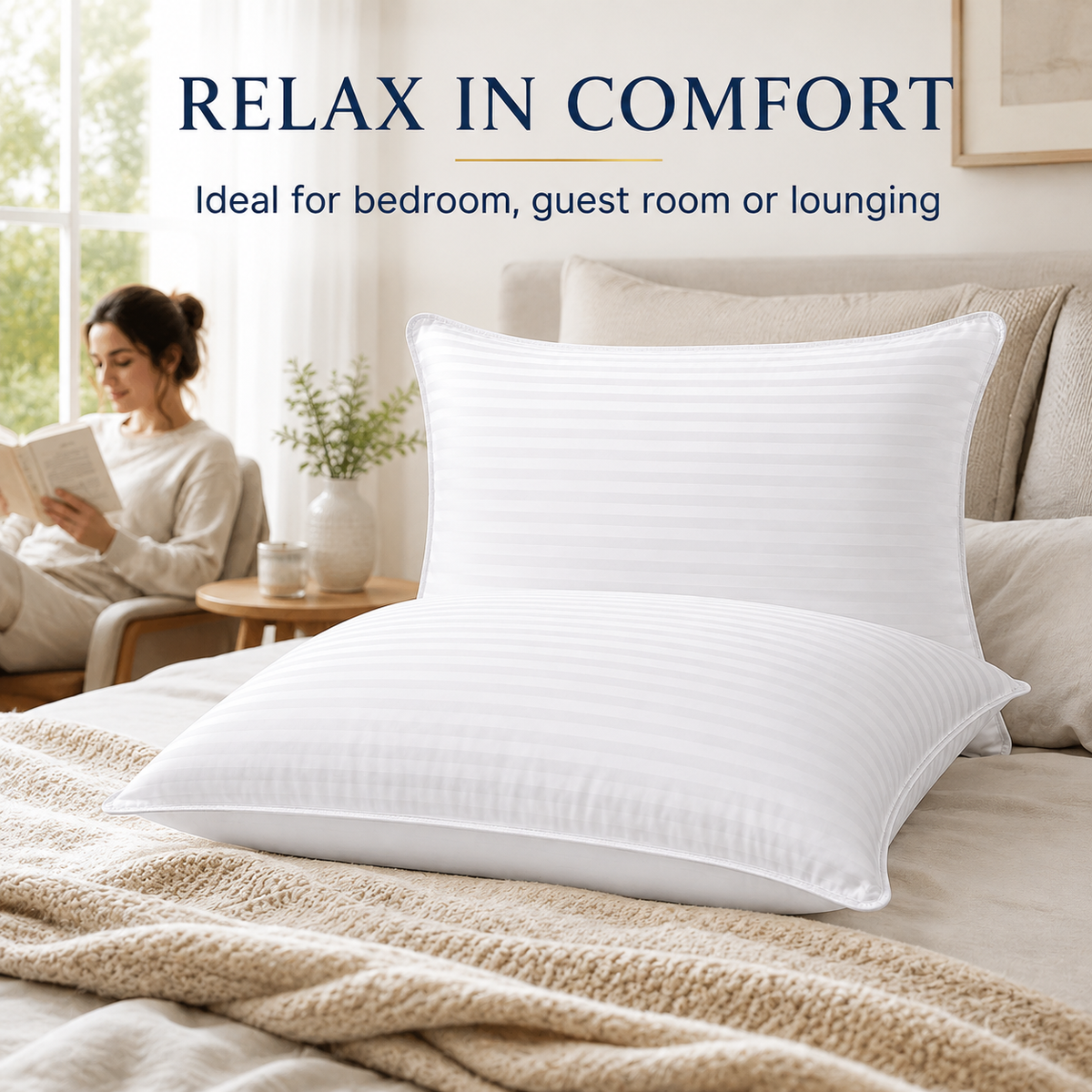Pack of two white striped bed pillows