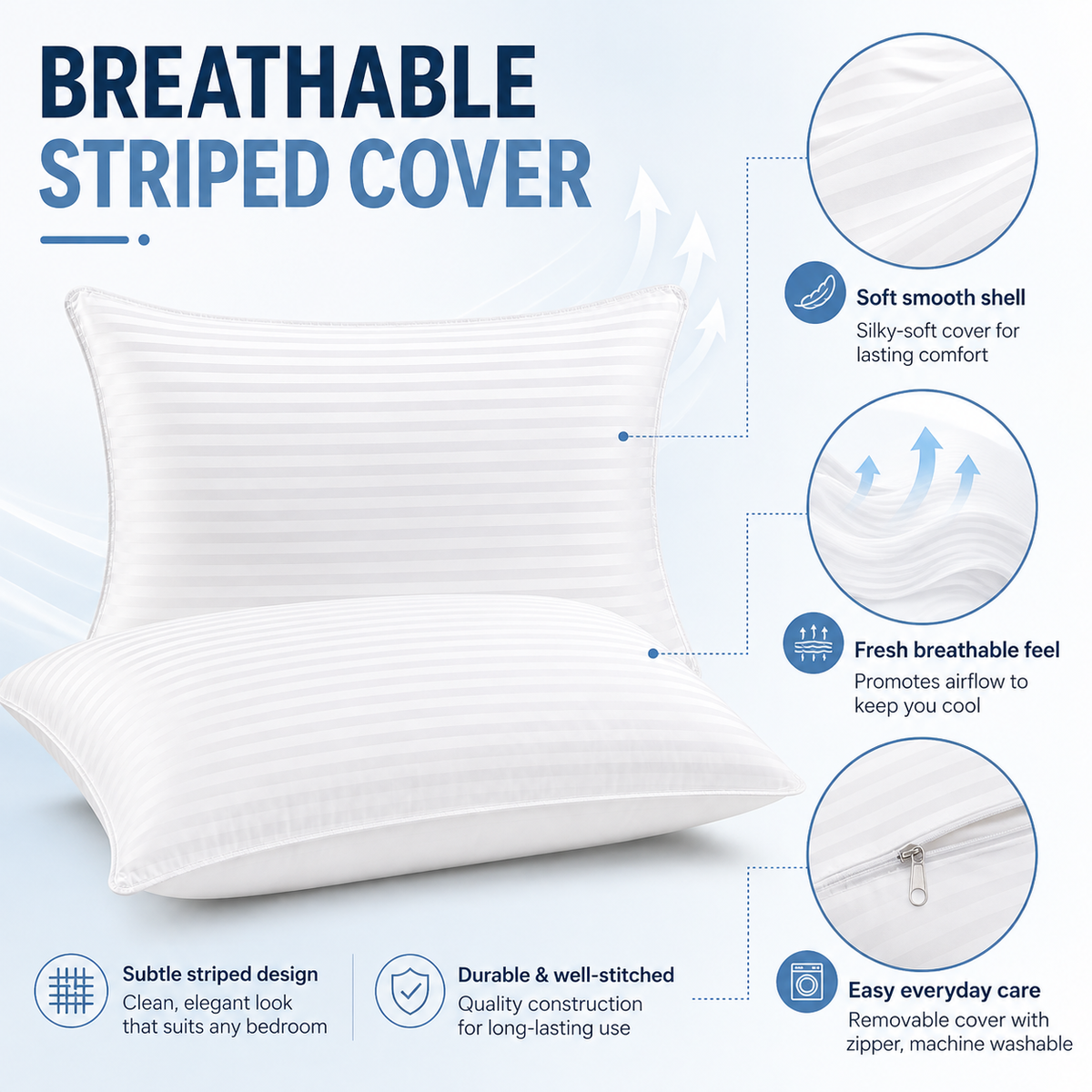 Pack of two white striped bed pillows