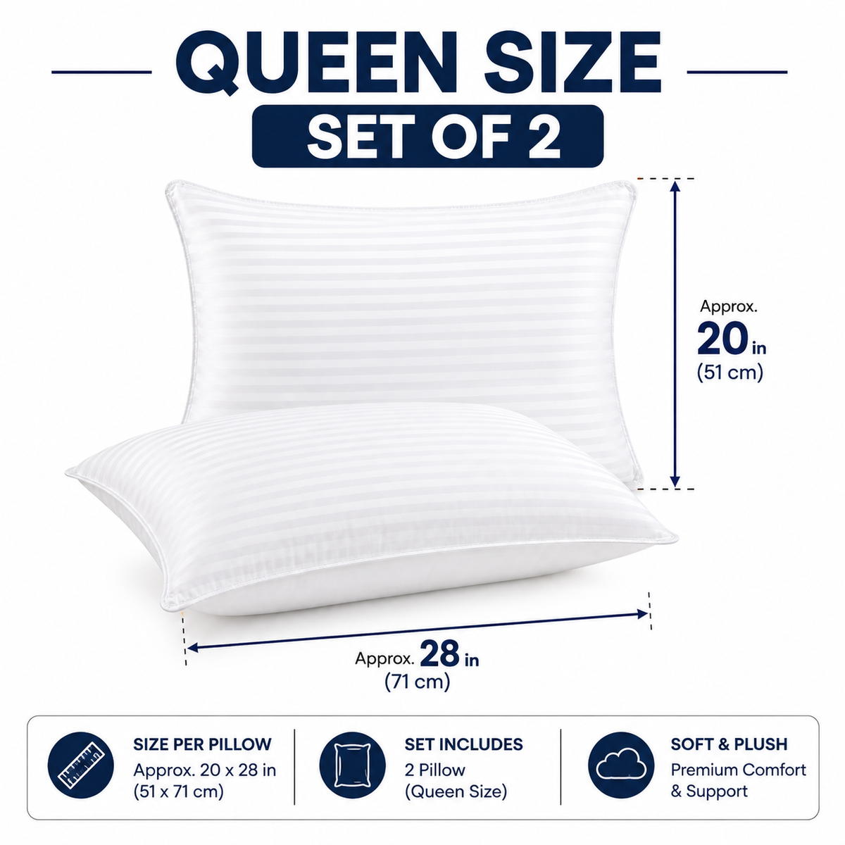 Pack of two white striped bed pillows