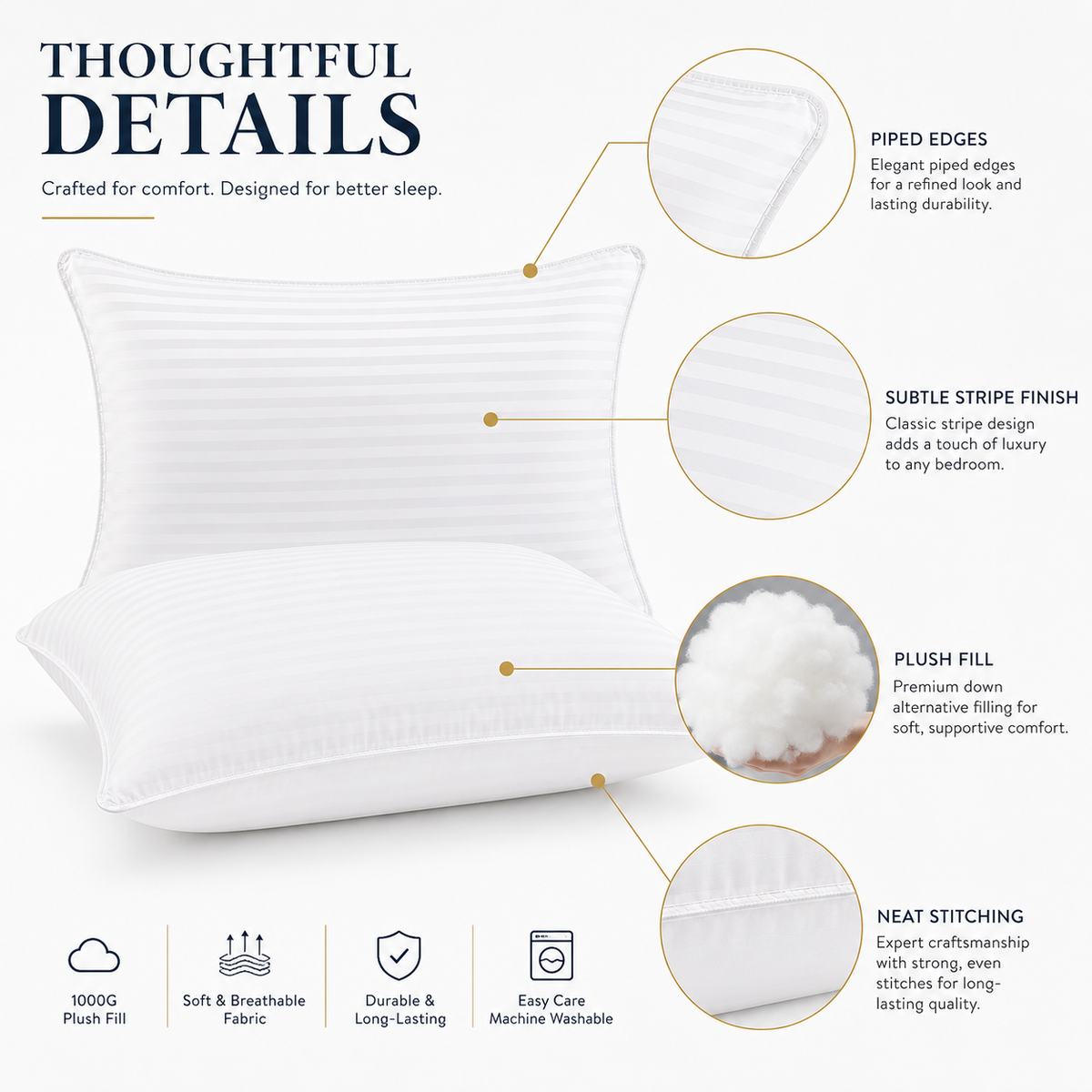 Pack of two white striped bed pillows