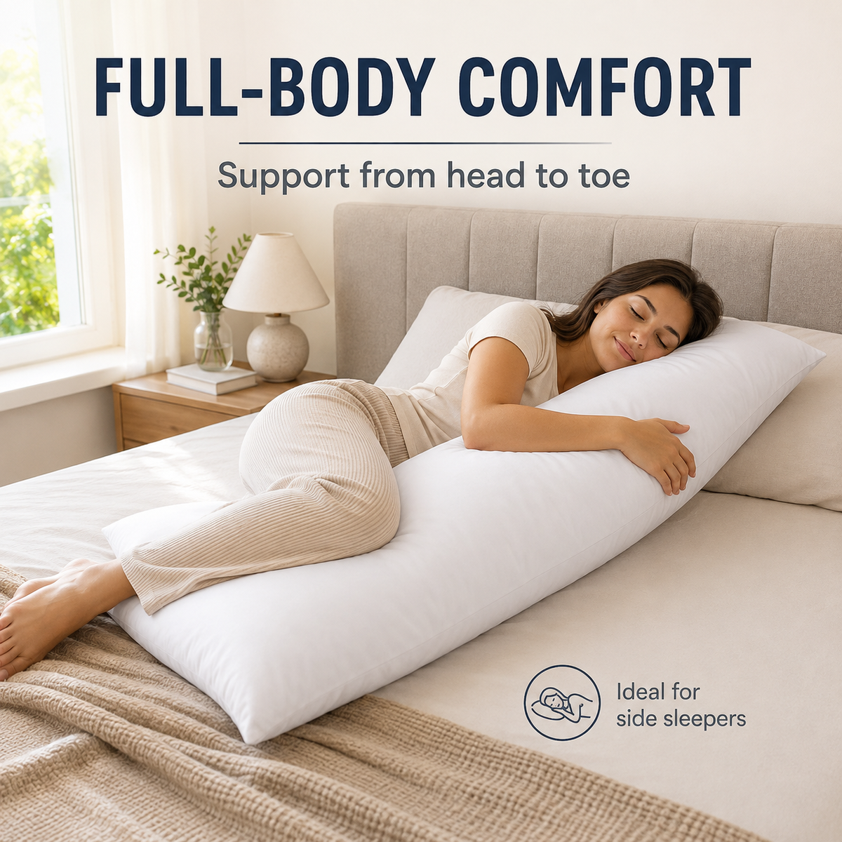 White full-length body pillow, 51 × 137 cm