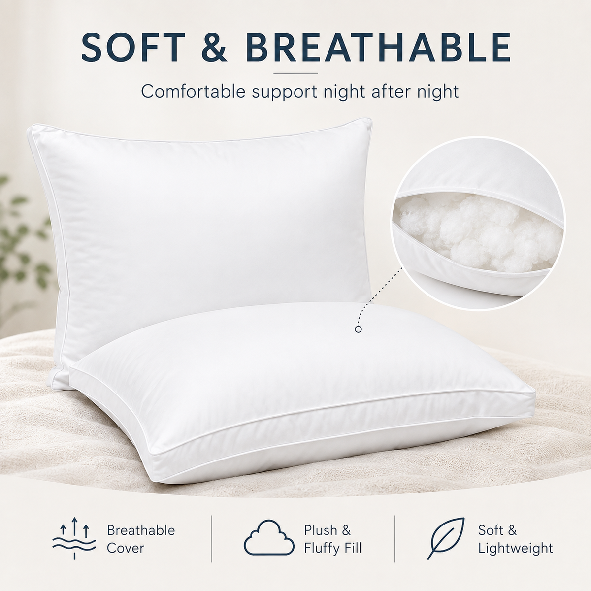 Pack of two white standard bed pillows