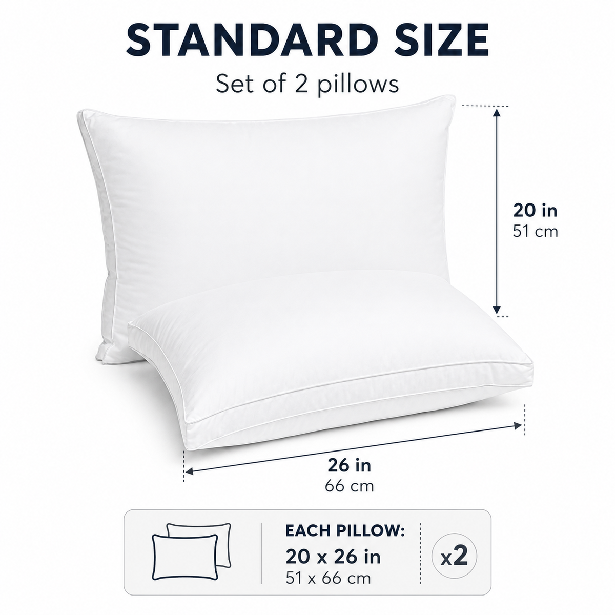 Pack of two white standard bed pillows