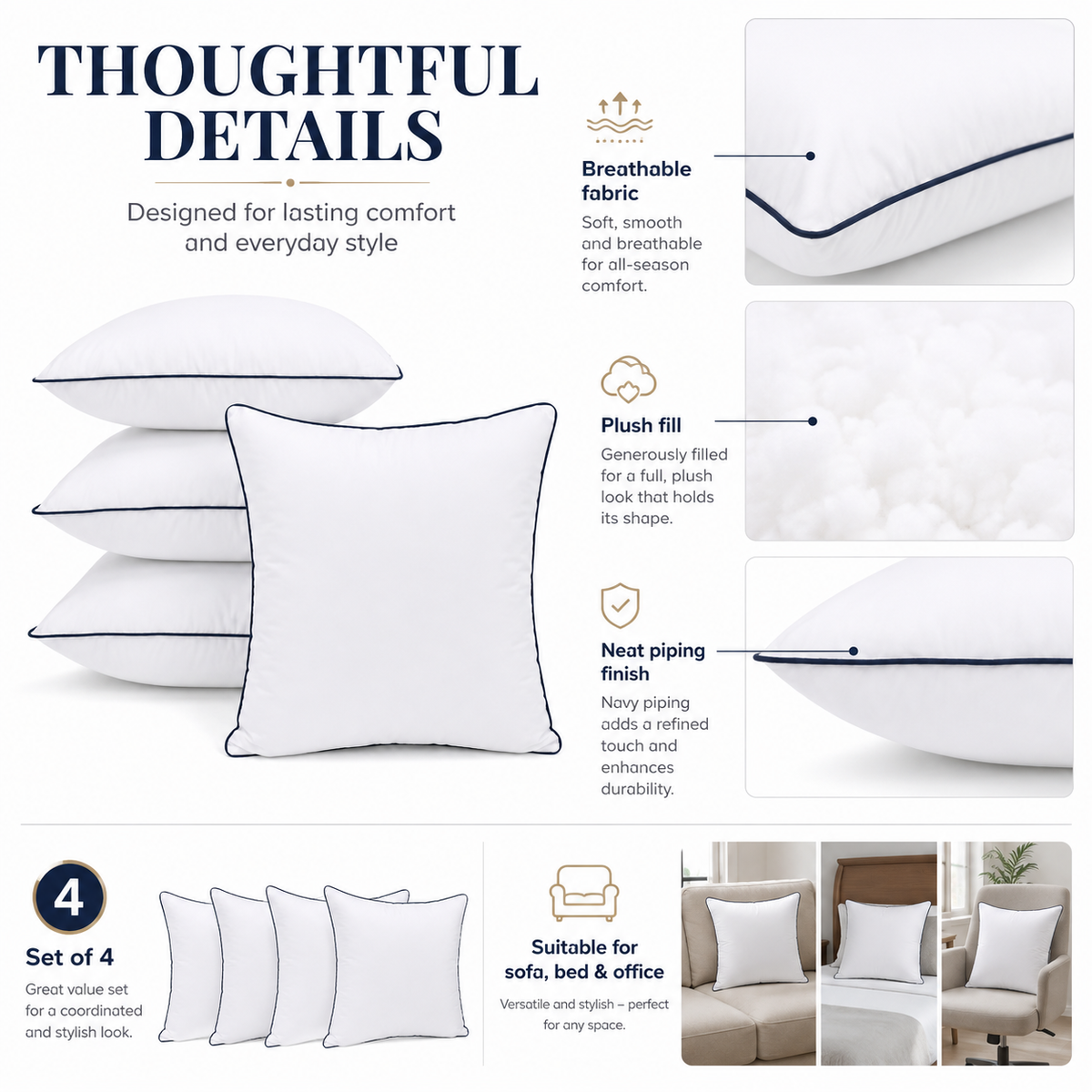Pack of four white cushion inserts, 45 × 45 cm