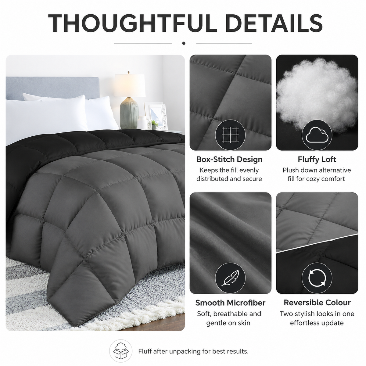 Charcoal and black reversible king duvet, 229 × 259 cm