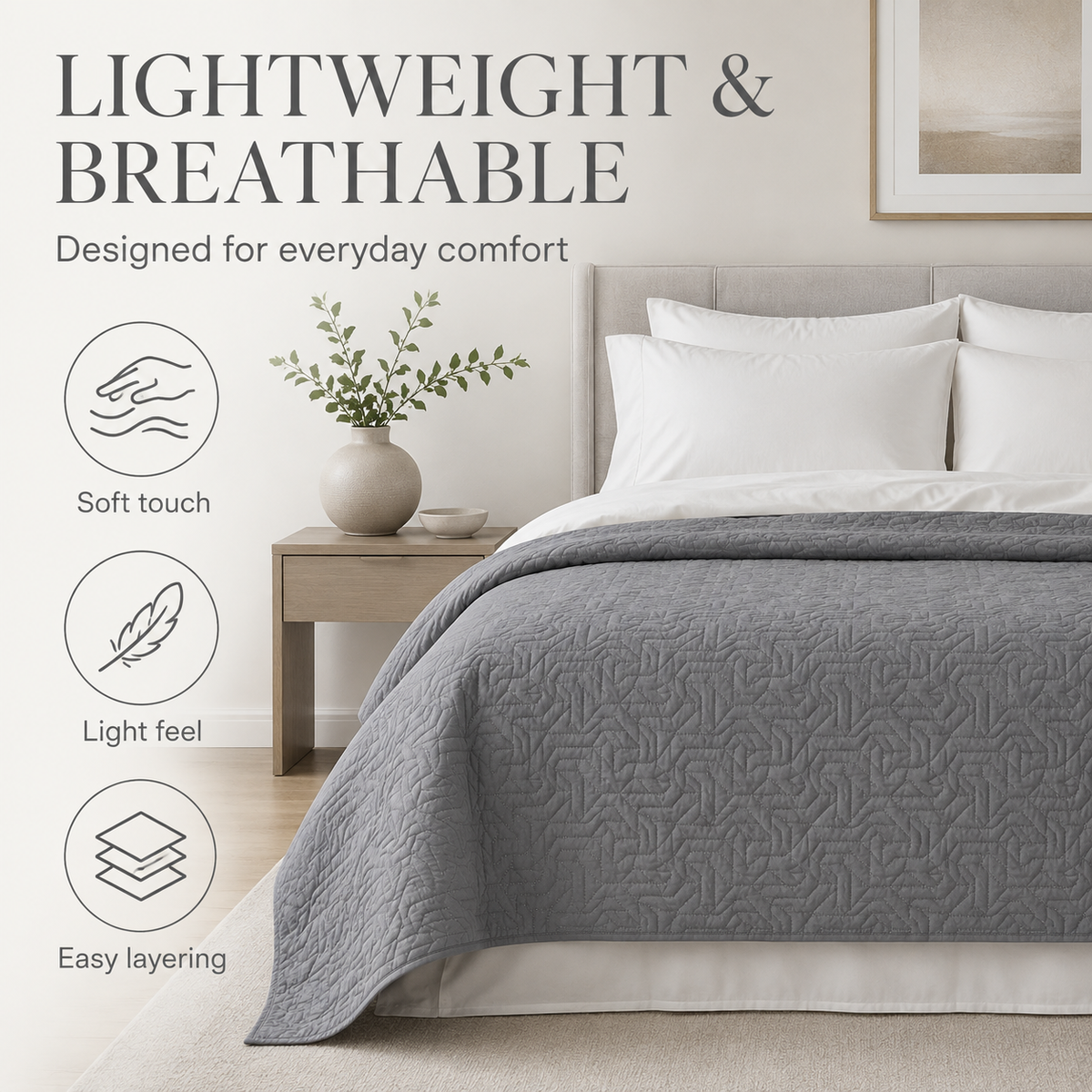 Grey lightweight quilted bedspread, 230 × 250 cm