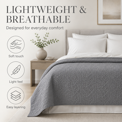 Grey lightweight quilted bedspread, 230 × 250 cm