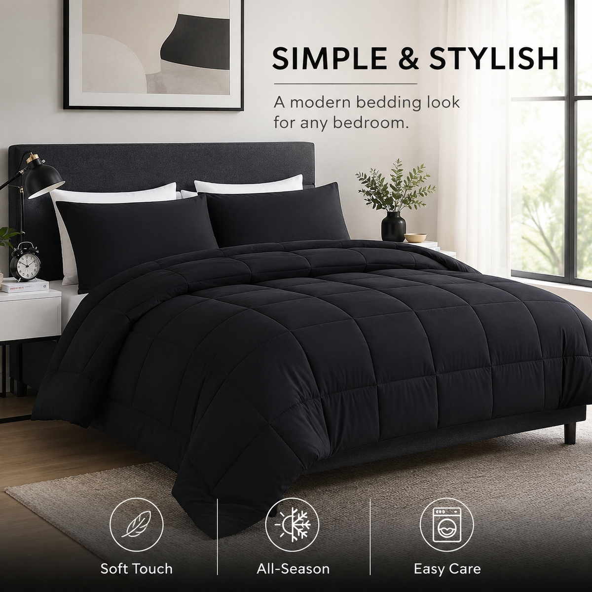 Black 3-piece comforter set with two pillowcases