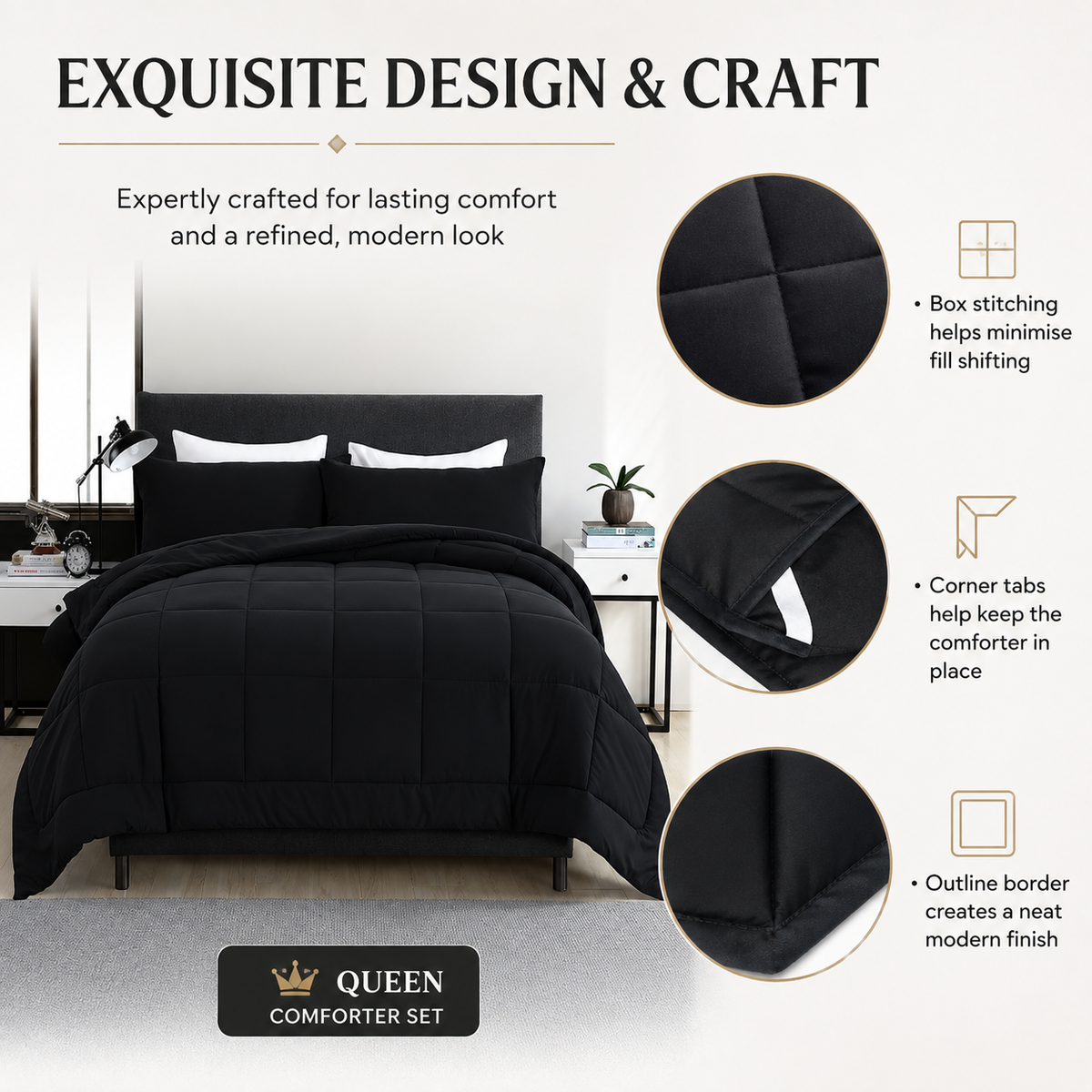 Black 3-piece comforter set with two pillowcases