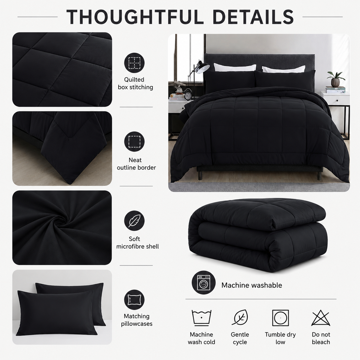 Black 3-piece comforter set with two pillowcases