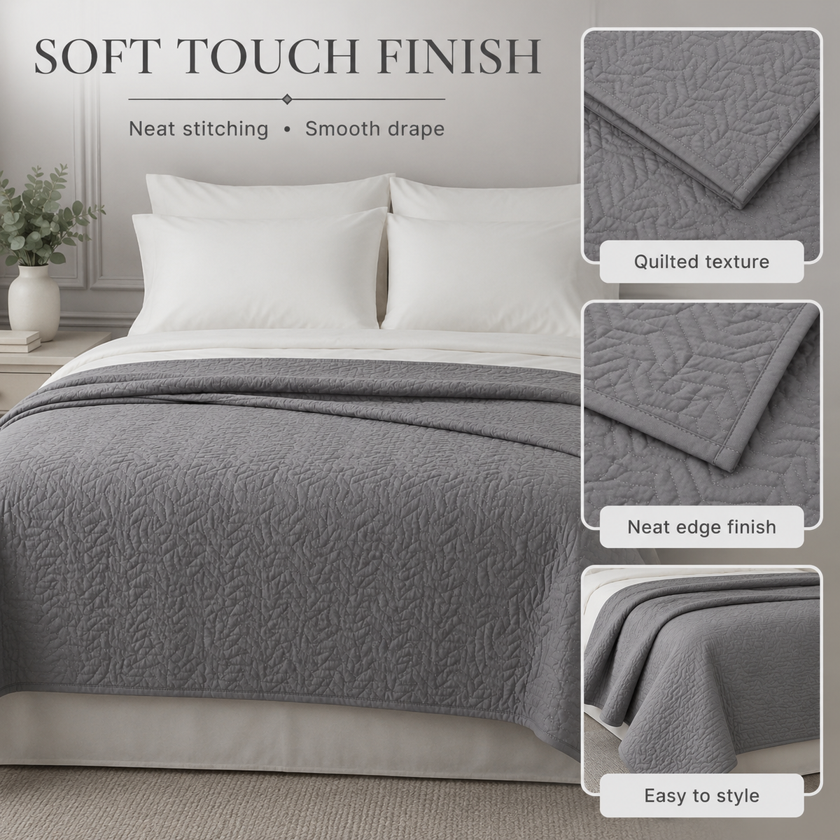 Grey lightweight quilted bedspread, 230 × 250 cm