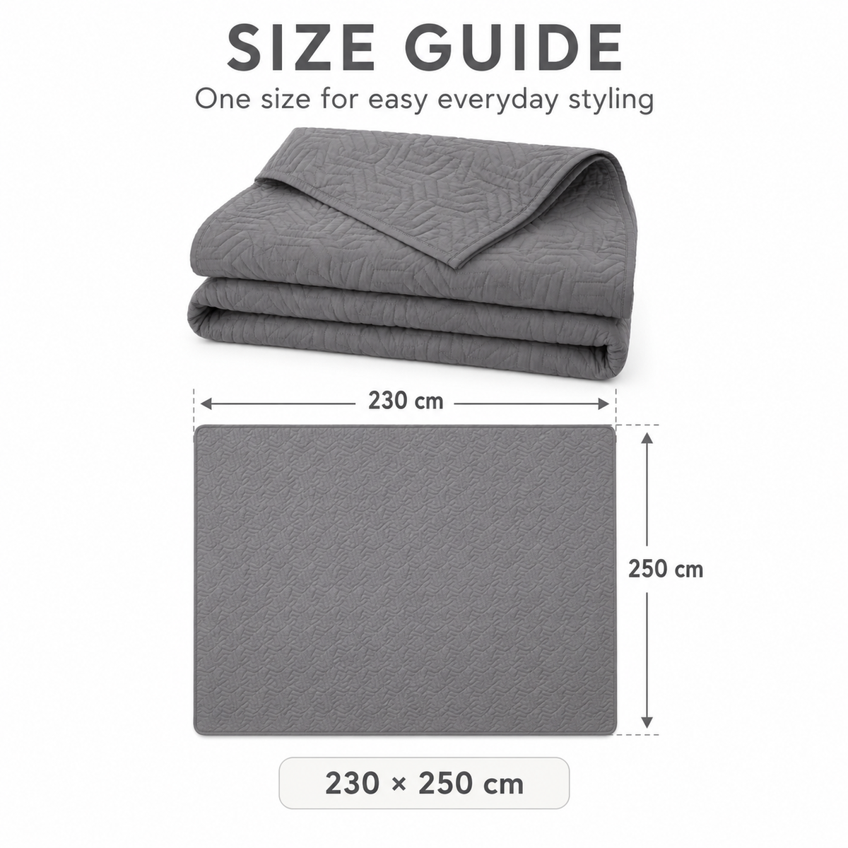 Grey lightweight quilted bedspread, 230 × 250 cm