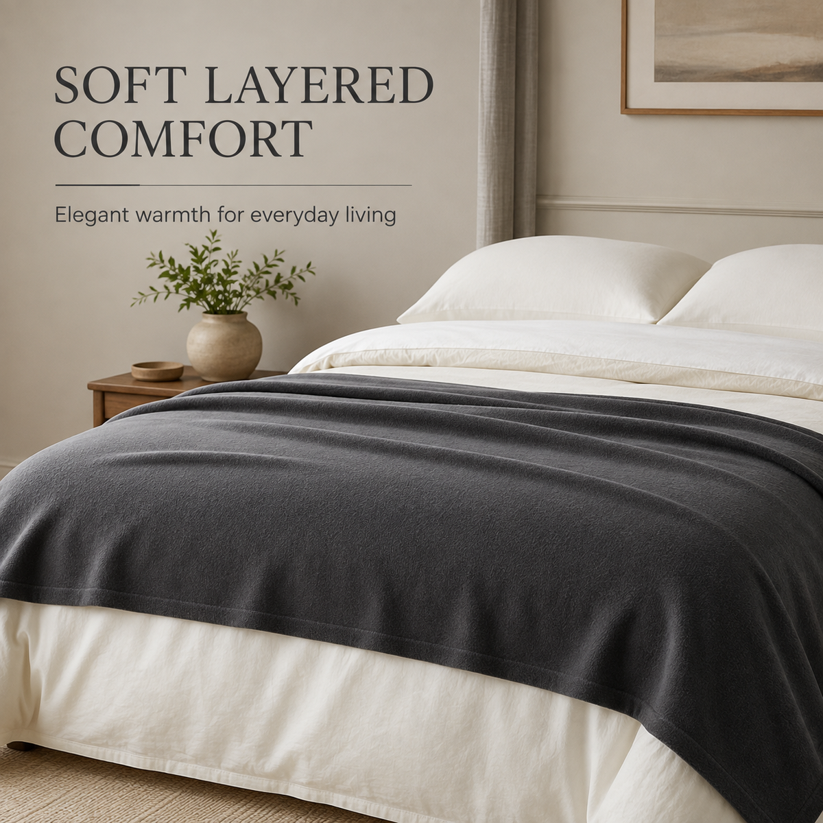 Charcoal grey soft-touch bed blanket, 230 × 250 cm