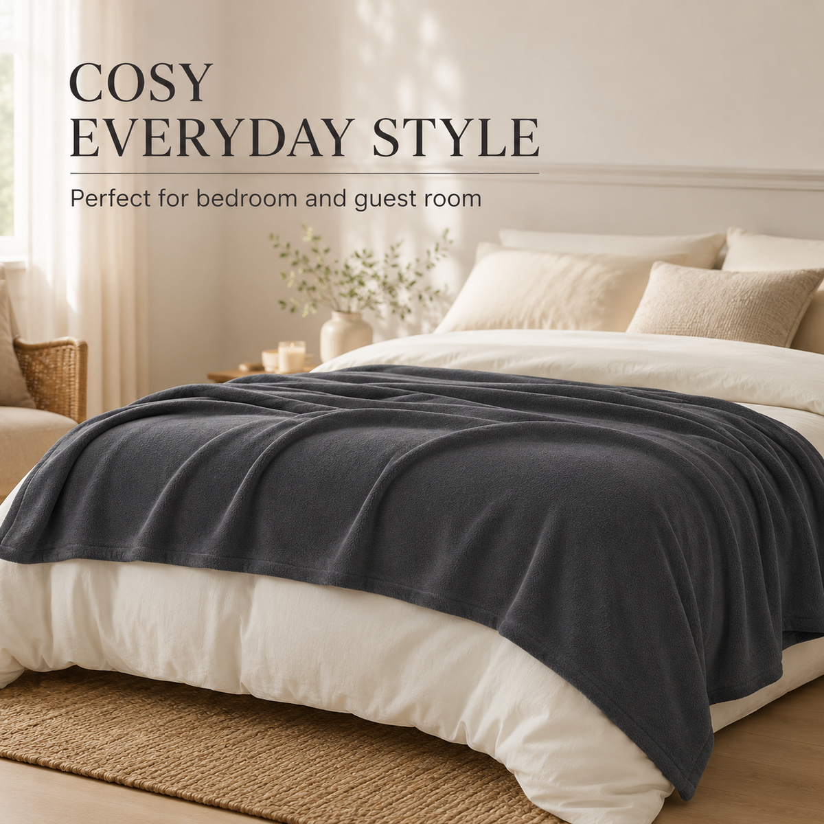 Charcoal grey soft-touch bed blanket, 230 × 250 cm
