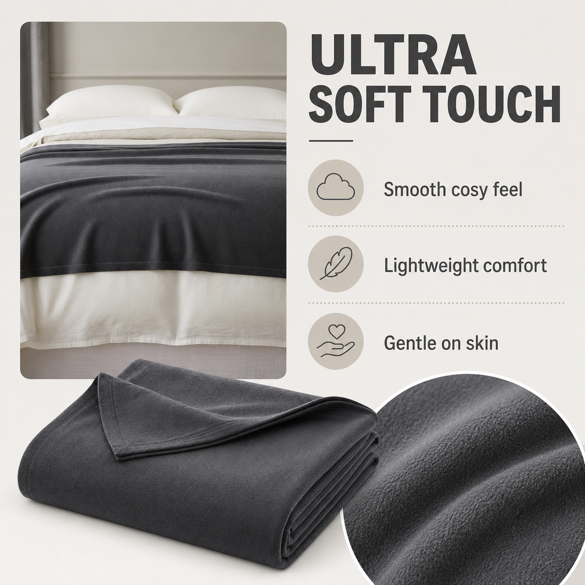 Charcoal grey soft-touch bed blanket, 230 × 250 cm