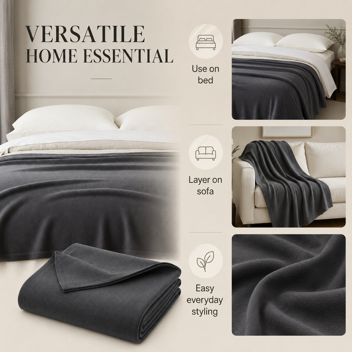 Charcoal grey soft-touch bed blanket, 230 × 250 cm