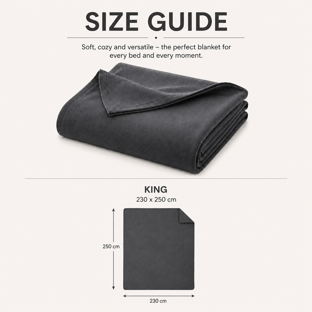 Charcoal grey soft-touch bed blanket, 230 × 250 cm