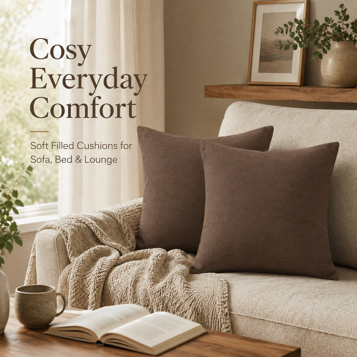 Set of two brown filled cushions, 45 × 45 cm