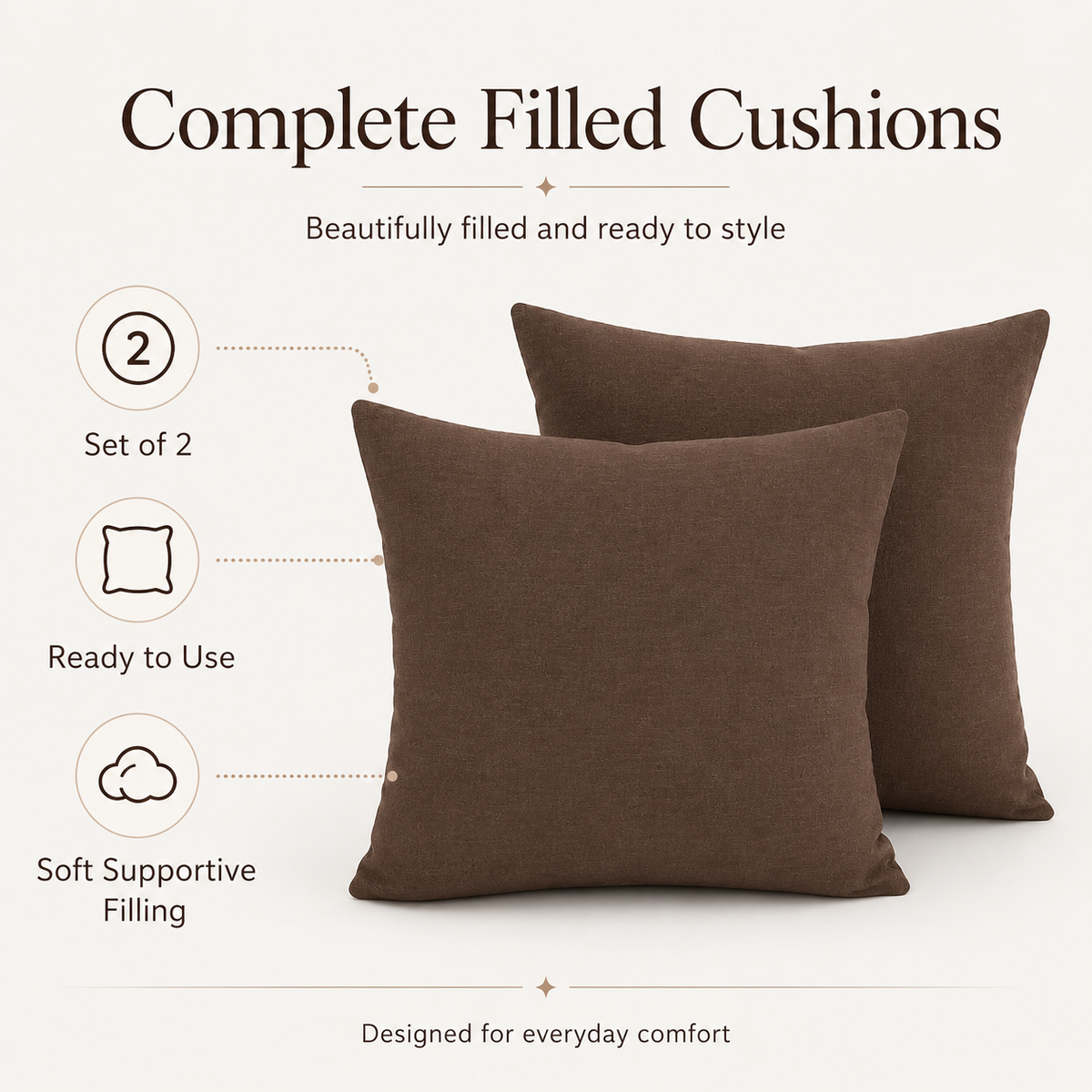 Set of two brown filled cushions, 45 × 45 cm