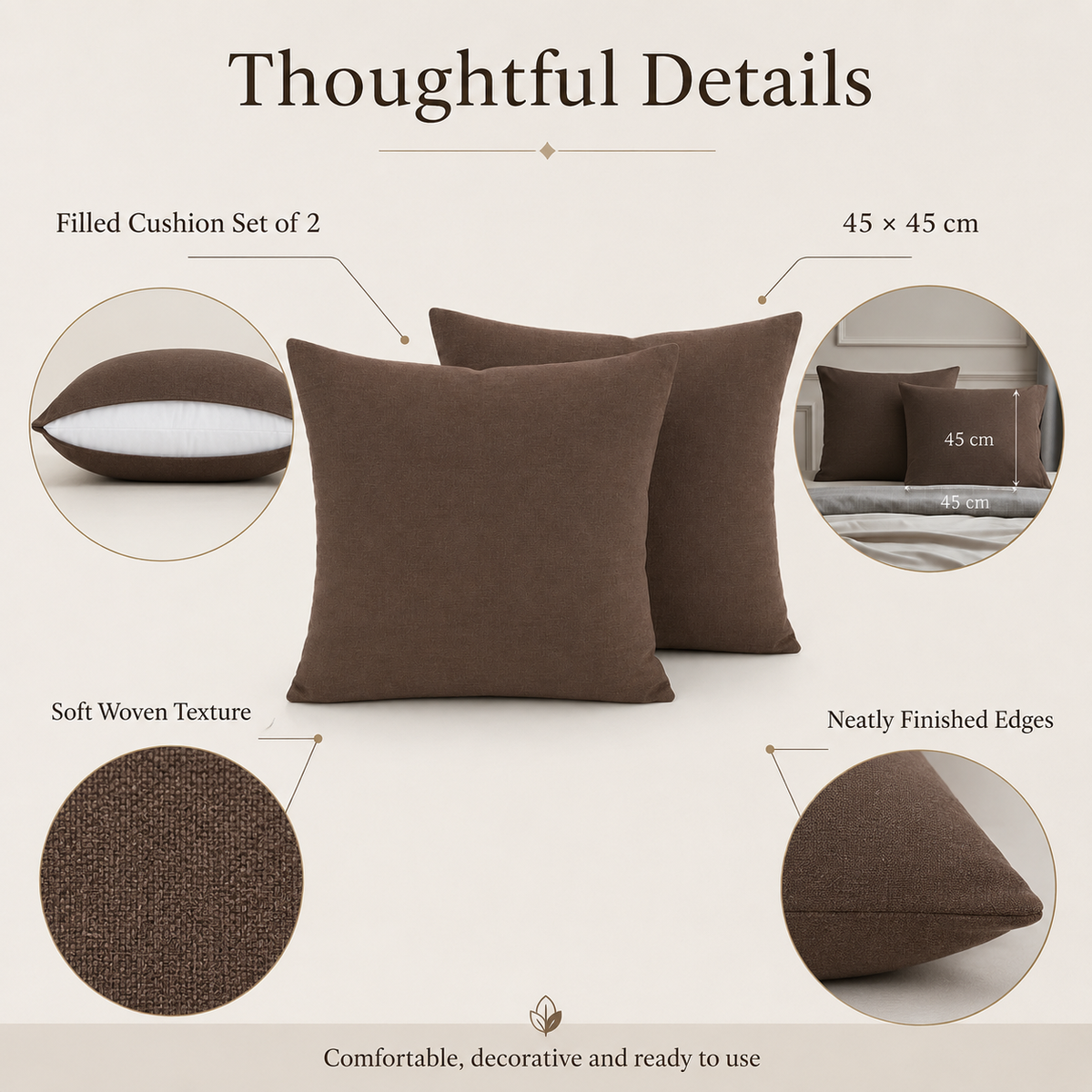 Set of two brown filled cushions, 45 × 45 cm