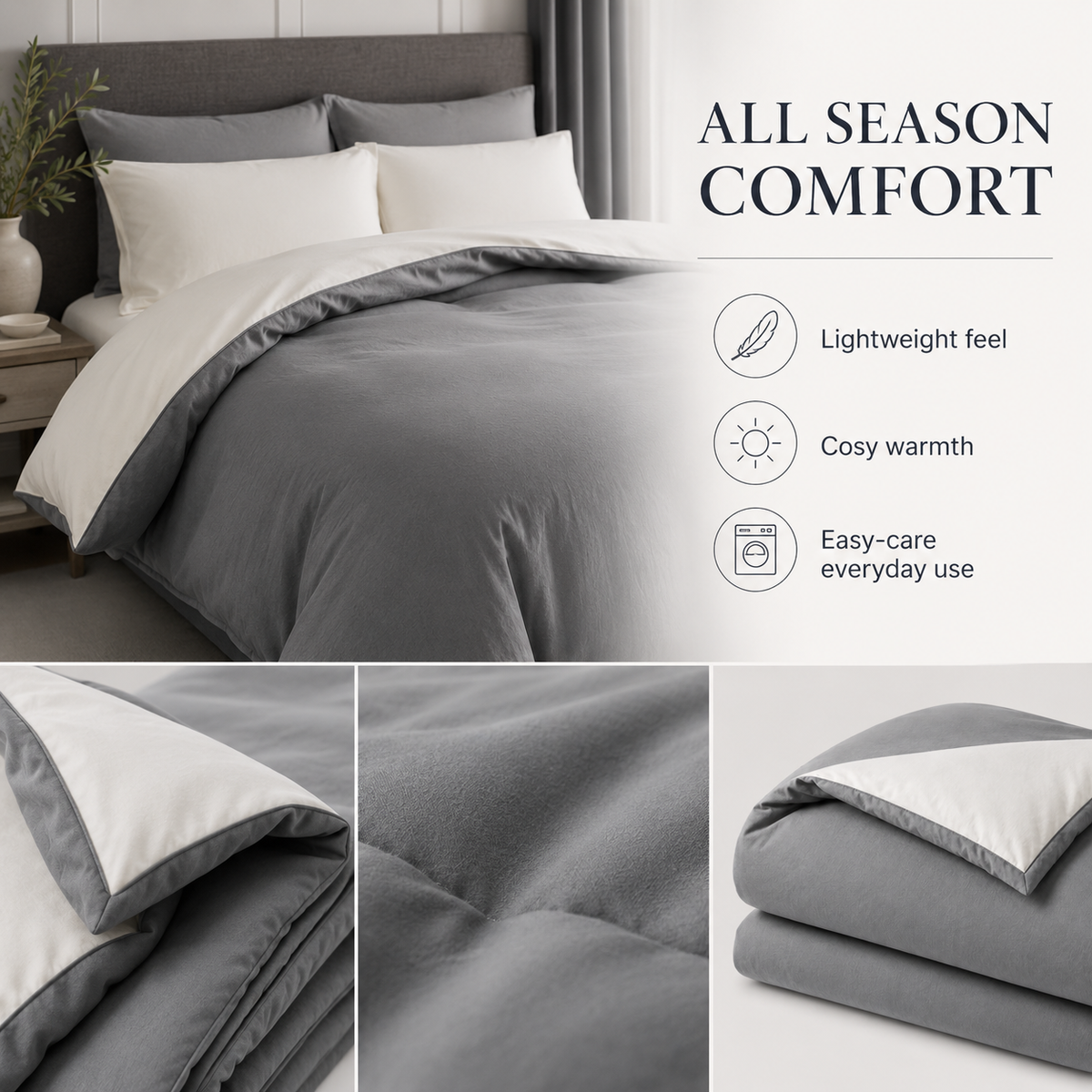 Grey and ivory reversible comforter, 230 × 250 cm